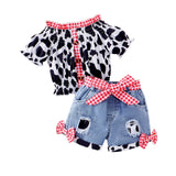 Cow Color Matching Top + Bow Ripped Jeans