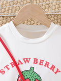 round Neck Printed Short T + Strawberry Printed Denim Shorts + Bag