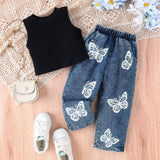 Sleeveless Top + Printed Jeans