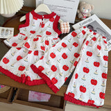 Cartoon Apple Printed Top-+ Shorts + Trousers Three-Piece Set