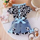 Cow Color Matching Top + Bow Ripped Jeans
