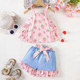 Strawberry Printed Camisole Top + Lace-like Denim Shorts Suit