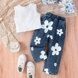 Sleeveless Top + Printed Jeans