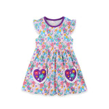 Children's Dress with Flutter Sleeves, Cartoon Floral Print, and Pockets