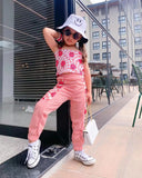 Printed Top Sling Contrast Color Trousers Suit