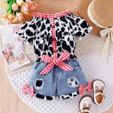 Cow Color Matching Top + Bow Ripped Jeans