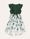 Family Matching Button Design Flutter Sleeves Bow Belted Splicing Floral Print Dress - CCMOM