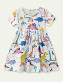 Girl Dinosaur Full Print Short Sleeves Dress - CCMOM