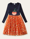 Pumpkin Printed Mesh Long Sleeve Dress