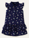 Toddler Girl Cartoon Printed Button Design Ruffle Hem Flutter-sleeve Dress - CCMOM