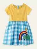 Toddler Girl Rainbow Plaid Appliqu¡§| Splicing Polka Dots Short Sleeves Dress - CCMOM