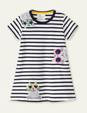 Toddler Girl Three Cats Appliqu¡§| Striped Short Sleeves Dress - CCMOM