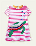 Toddler Girl Turtle Appliqu¡§| Short-Sleeved Striped Dress - CCMOM